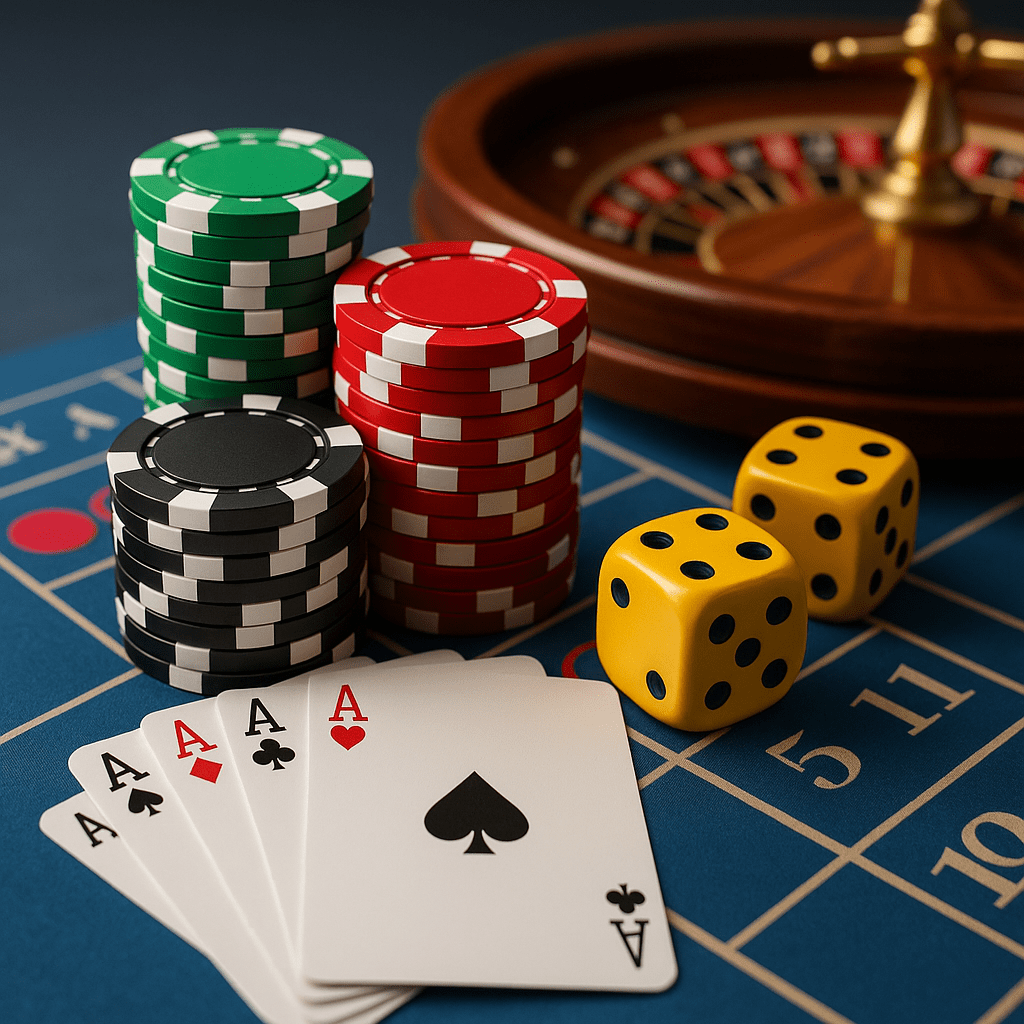 3D風格呈現的娛樂城場景，展示輪盤、撲克牌與金色光影效果，象徵線上賭場中的遊戲氛圍與晉級過程

