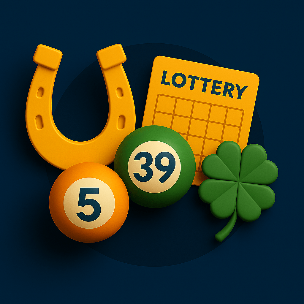 今彩539與幸運元素插圖，包含彩票球號碼、四葉幸運草與幸運馬蹄鐵，象徵中獎與好運。