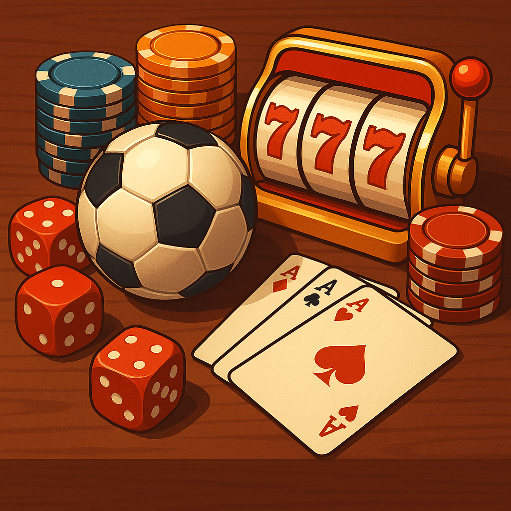 各種TU娛樂城遊戲元素如撲克牌、老虎機、骰子、足球與籌碼擺放在木桌上，象徵線上博弈娛樂多元性。